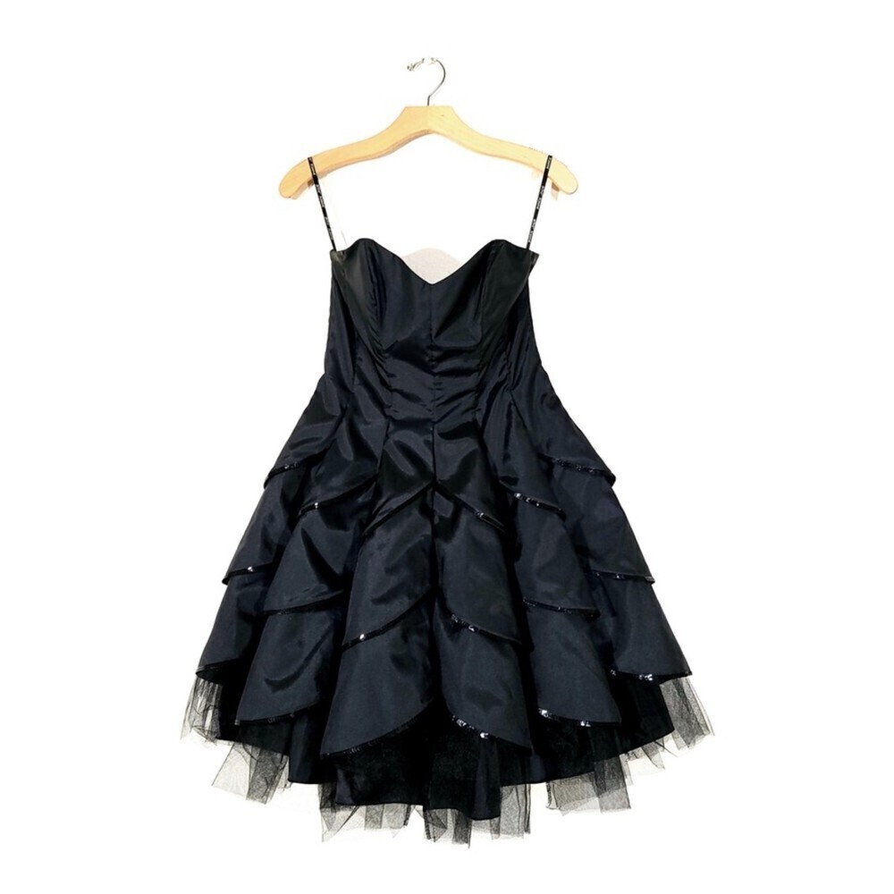 NEW Betsey Johnson Dahlia Whimsigoth Ruffle Tier Mini Dress Sequin Black Satin 8 - Picture 2 of 11